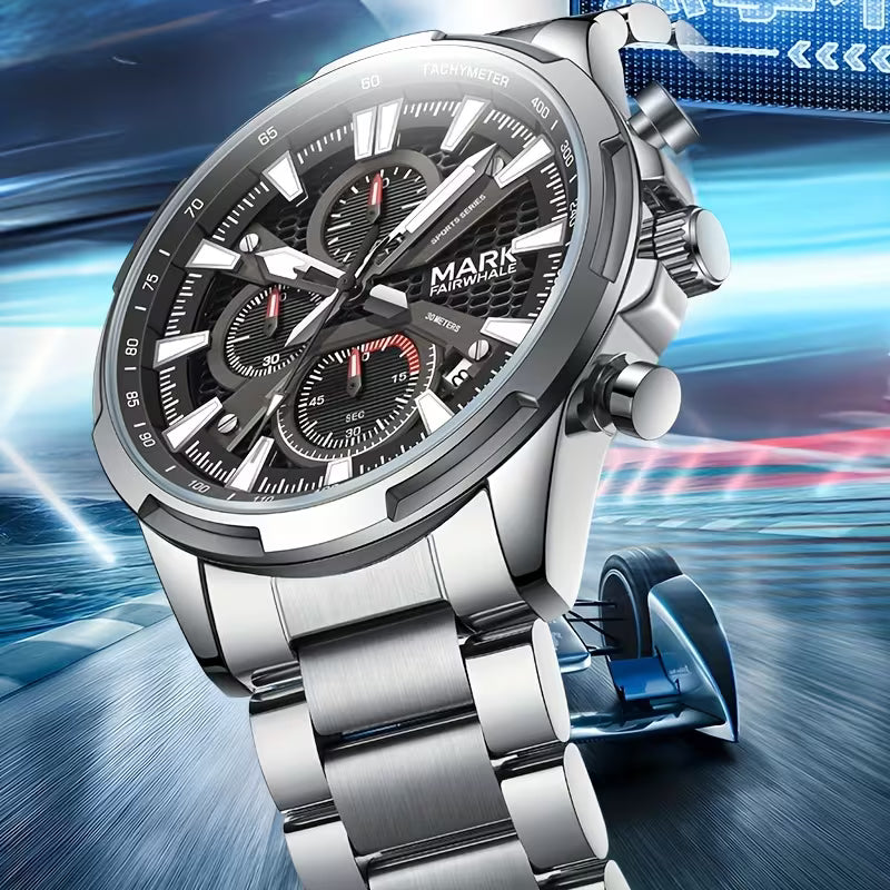 Luxury Watch, FAIRWHALE FW-5032 Men's Designer Quartz Watch – Bold 3D Dial, 3-Eye Calendar, Luxury Metal Strap